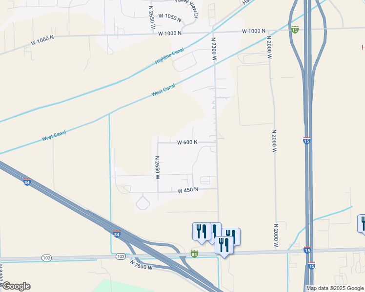 map of restaurants, bars, coffee shops, grocery stores, and more near 2513 West 600 North in Tremonton