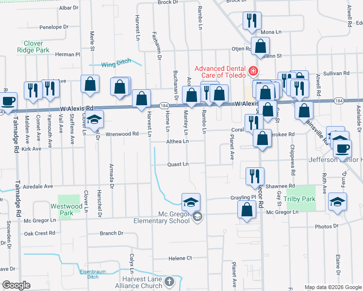 map of restaurants, bars, coffee shops, grocery stores, and more near 5643 Mantey Lane in Toledo