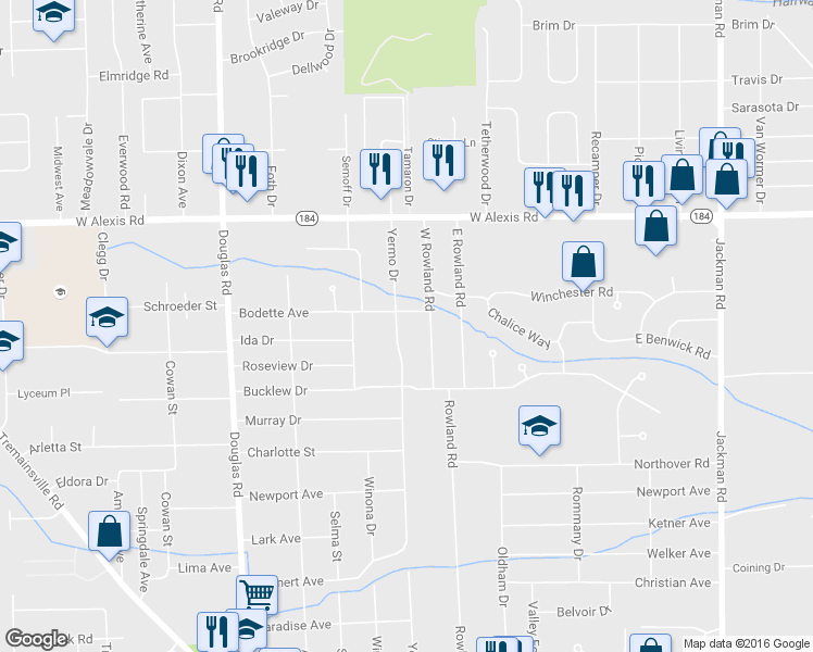 map of restaurants, bars, coffee shops, grocery stores, and more near 5616 Yermo Drive in Toledo