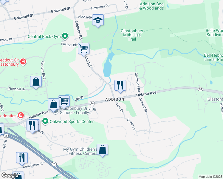 map of restaurants, bars, coffee shops, grocery stores, and more near 28 Addison Road in Glastonbury