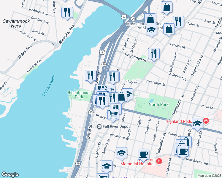 map of restaurants, bars, coffee shops, grocery stores, and more near 42 North Court Street in Fall River