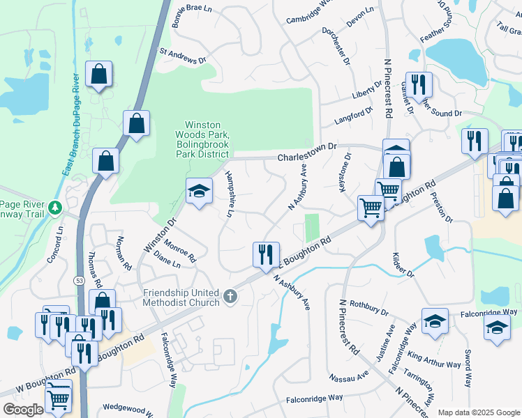 map of restaurants, bars, coffee shops, grocery stores, and more near 601 Derbyshire Ln in Bolingbrook