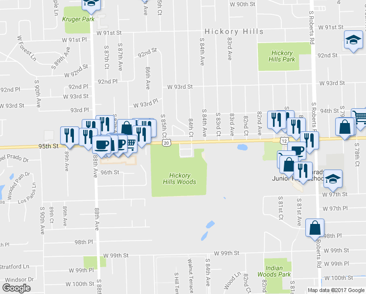 map of restaurants, bars, coffee shops, grocery stores, and more near 8451 95th Street in Hickory Hills