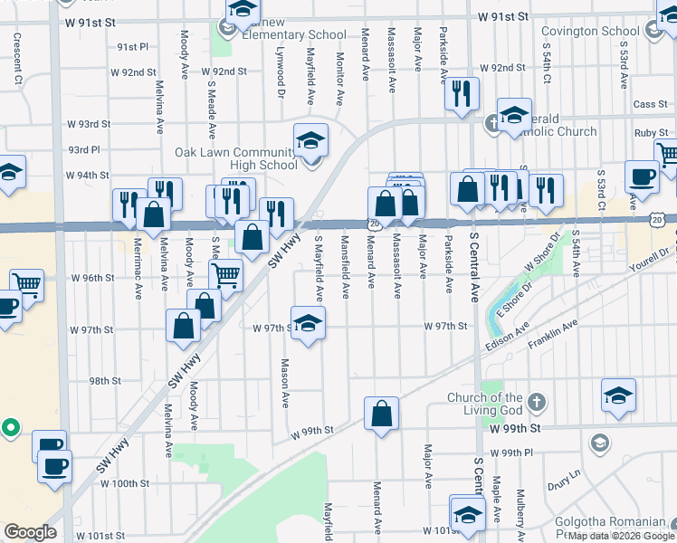 map of restaurants, bars, coffee shops, grocery stores, and more near 9 96th Street in Oak Lawn
