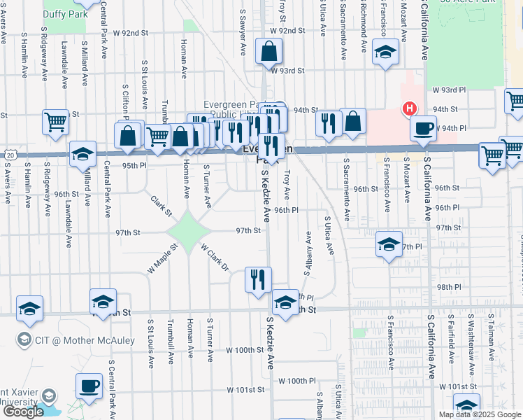 map of restaurants, bars, coffee shops, grocery stores, and more near 9620 South Kedzie Avenue in Evergreen Park