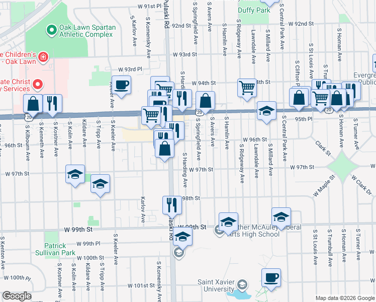 map of restaurants, bars, coffee shops, grocery stores, and more near 9627 South Harding Avenue in Evergreen Park