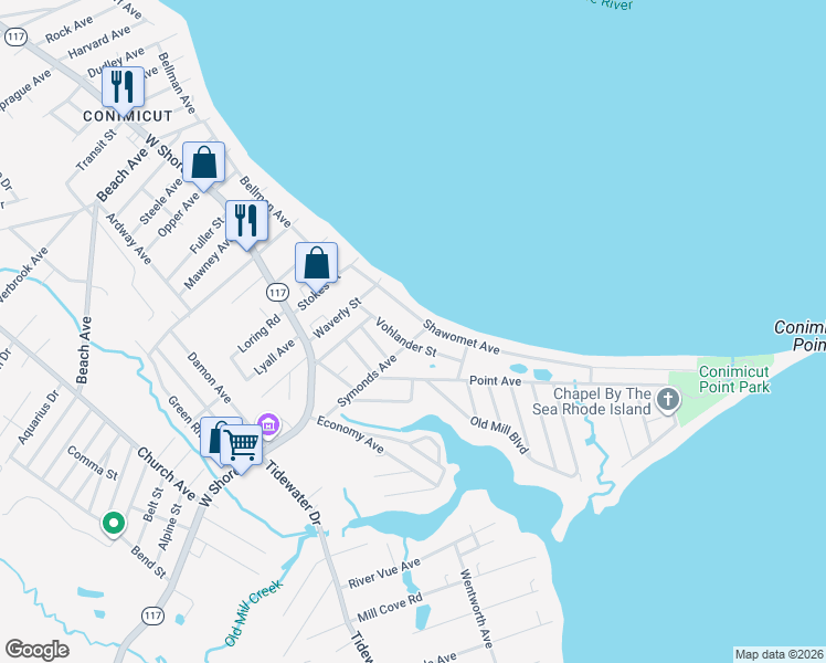 map of restaurants, bars, coffee shops, grocery stores, and more near 33 Symonds Avenue in Warwick