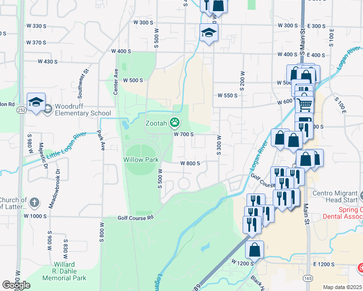map of restaurants, bars, coffee shops, grocery stores, and more near 357 West 750 South in Logan