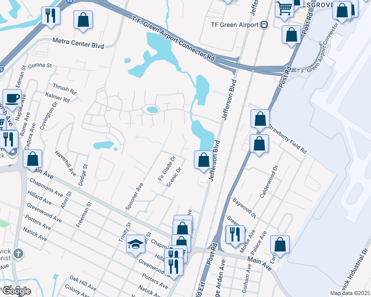 map of restaurants, bars, coffee shops, grocery stores, and more near 25 Red Oak Circle in Warwick