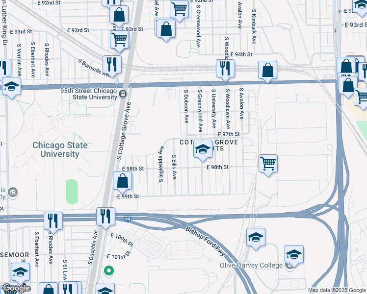 map of restaurants, bars, coffee shops, grocery stores, and more near 9712 South Dobson Avenue in Chicago