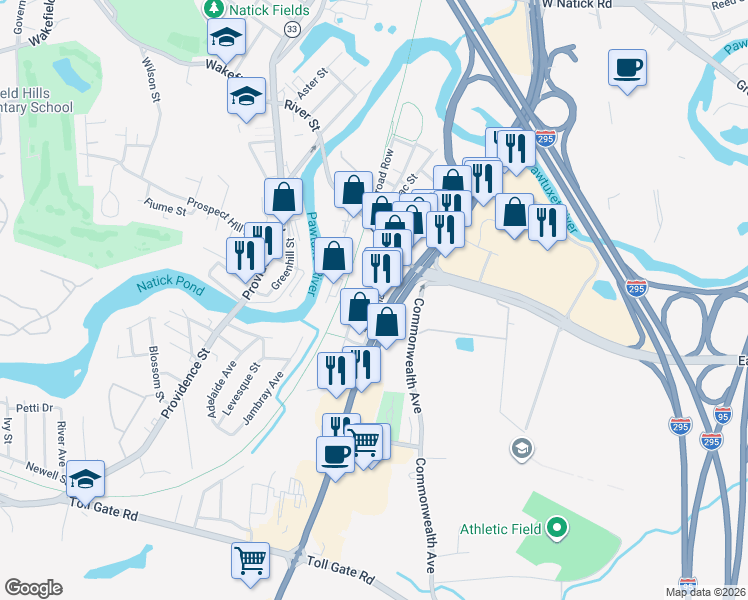 map of restaurants, bars, coffee shops, grocery stores, and more near 53 Tillinghast Avenue in Warwick