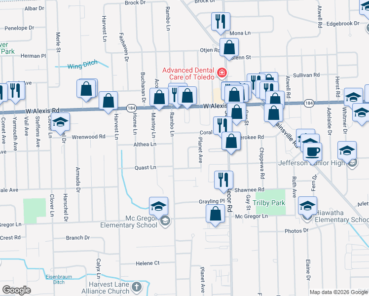 map of restaurants, bars, coffee shops, grocery stores, and more near 5643 Birchdale Drive in Toledo