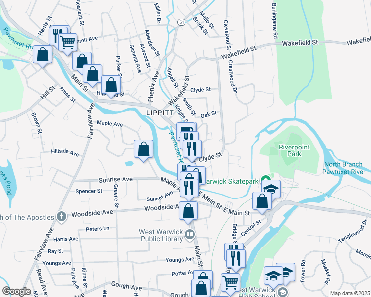 map of restaurants, bars, coffee shops, grocery stores, and more near 919 Main Street in West Warwick