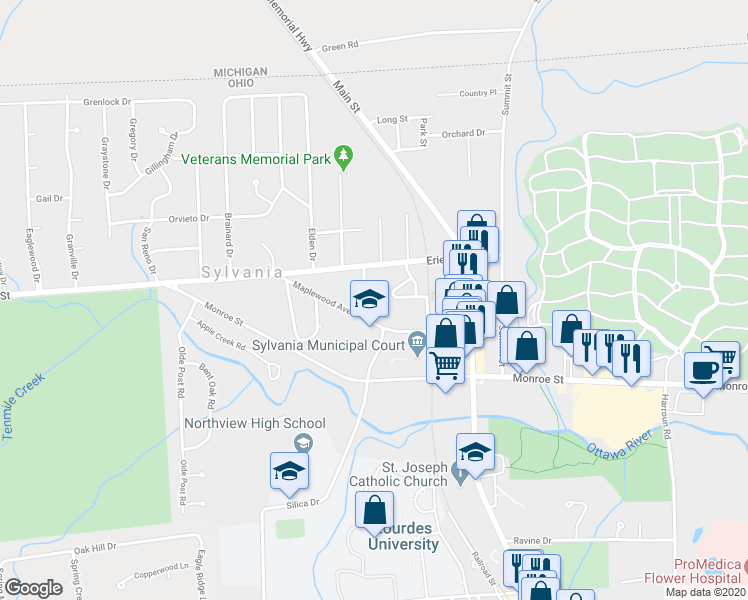 map of restaurants, bars, coffee shops, grocery stores, and more near 5716 Phillips Ave in Sylvania