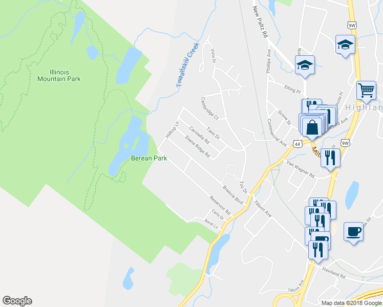 map of restaurants, bars, coffee shops, grocery stores, and more near 38 Brescia Boulevard in Highland