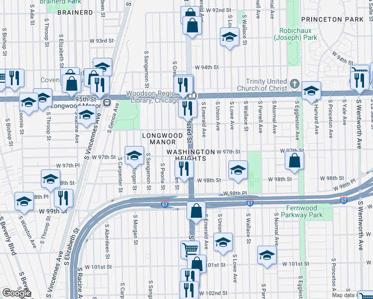 map of restaurants, bars, coffee shops, grocery stores, and more near 9640 South Halsted Street in Chicago