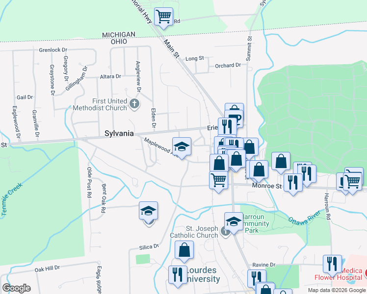map of restaurants, bars, coffee shops, grocery stores, and more near 5716 Phillips Avenue in Sylvania