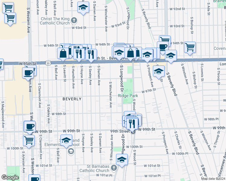 map of restaurants, bars, coffee shops, grocery stores, and more near 9641 South Winchester Avenue in Chicago