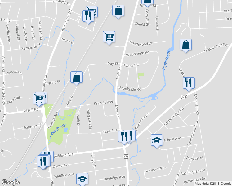 map of restaurants, bars, coffee shops, grocery stores, and more near 135 Main Street in Newington