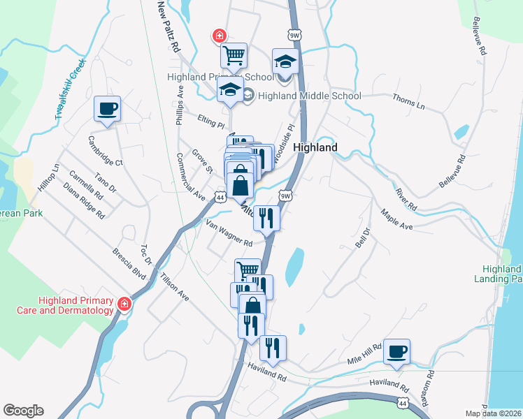 map of restaurants, bars, coffee shops, grocery stores, and more near 2 Fair Street in Highland
