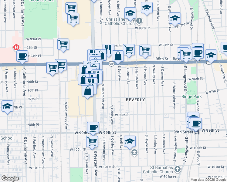 map of restaurants, bars, coffee shops, grocery stores, and more near 9637 South Oakley Avenue in Chicago