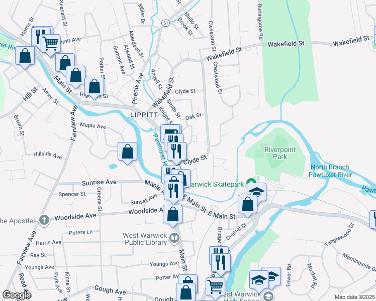 map of restaurants, bars, coffee shops, grocery stores, and more near 12 Coogan Court in West Warwick