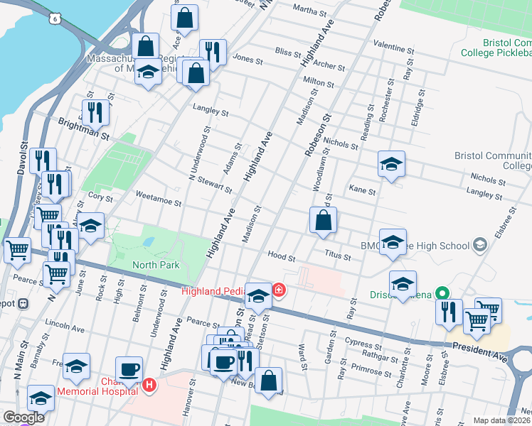 map of restaurants, bars, coffee shops, grocery stores, and more near 1340 Robeson Street in Fall River