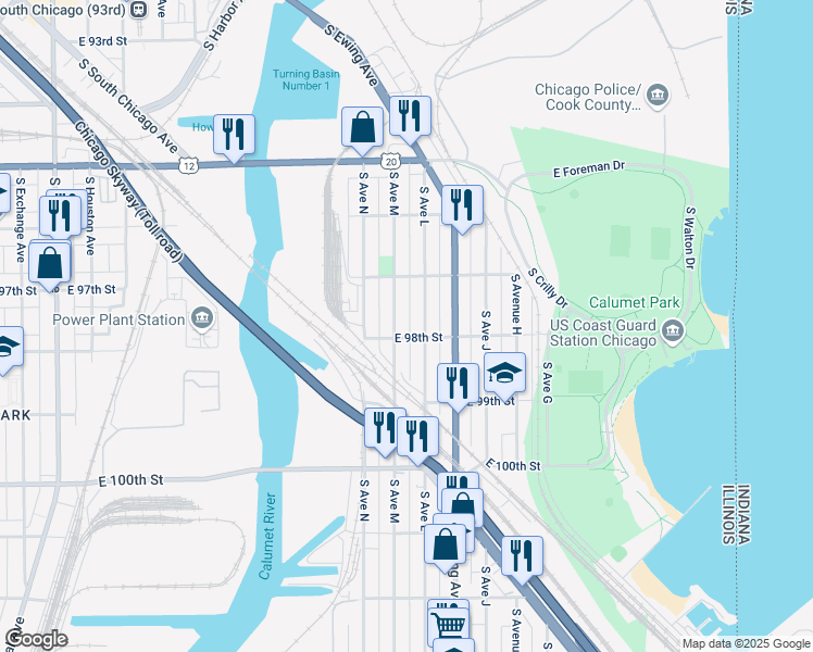 map of restaurants, bars, coffee shops, grocery stores, and more near 9751 South Avenue M in Chicago