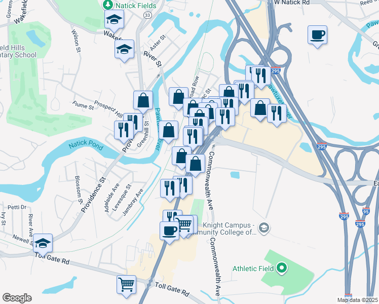 map of restaurants, bars, coffee shops, grocery stores, and more near 53 Tillinghast Avenue in Warwick
