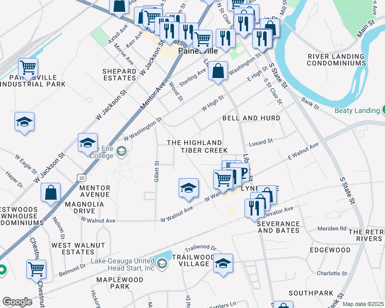 map of restaurants, bars, coffee shops, grocery stores, and more near 200 Tiber Drive in Painesville