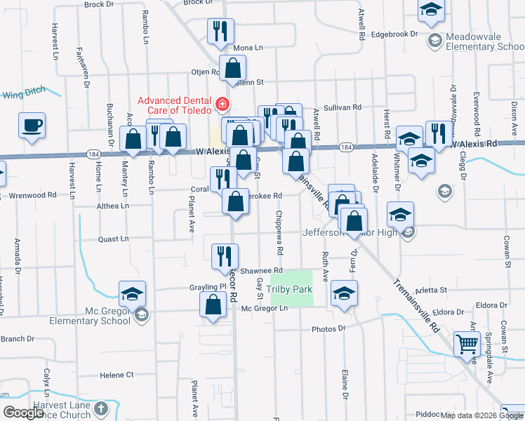 map of restaurants, bars, coffee shops, grocery stores, and more near 5636 Gay Street in Toledo