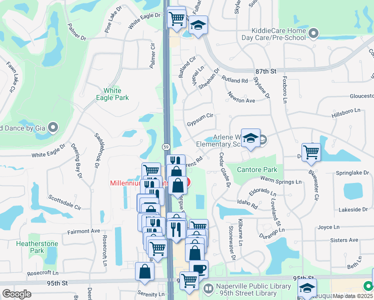 map of restaurants, bars, coffee shops, grocery stores, and more near 2911 Bartlett Court in Naperville