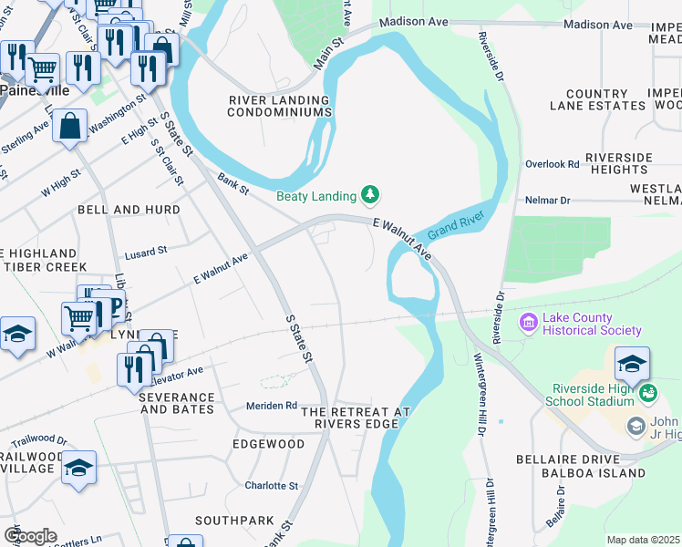 map of restaurants, bars, coffee shops, grocery stores, and more near 491 Bank Street in Painesville