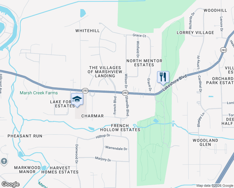 map of restaurants, bars, coffee shops, grocery stores, and more near in Mentor