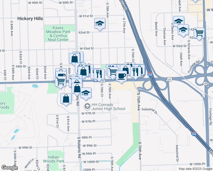 map of restaurants, bars, coffee shops, grocery stores, and more near 7759 95th Street in Hickory Hills