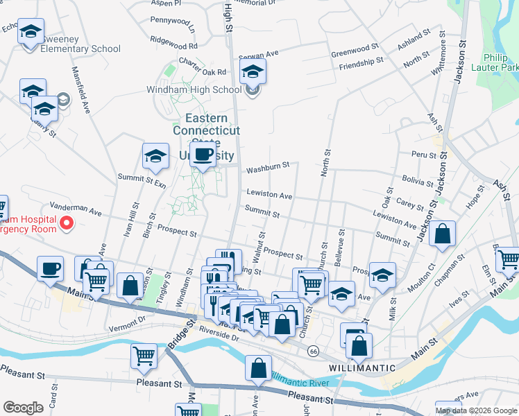 map of restaurants, bars, coffee shops, grocery stores, and more near 269 Summit Street in Windham