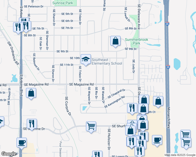 map of restaurants, bars, coffee shops, grocery stores, and more near 1301 Southeast Rio Drive in Ankeny