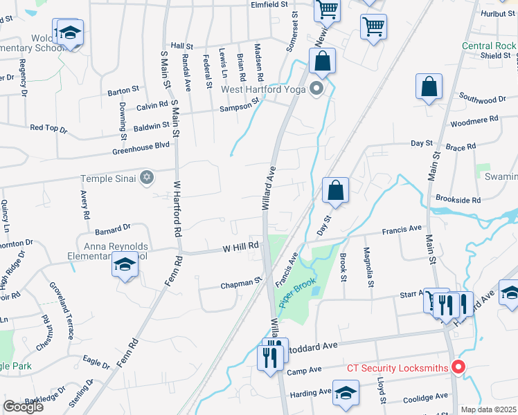 map of restaurants, bars, coffee shops, grocery stores, and more near 22 Surrey Drive in Newington