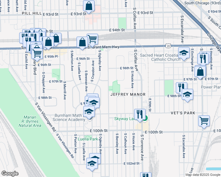 map of restaurants, bars, coffee shops, grocery stores, and more near 9729 South Yates Avenue in Chicago