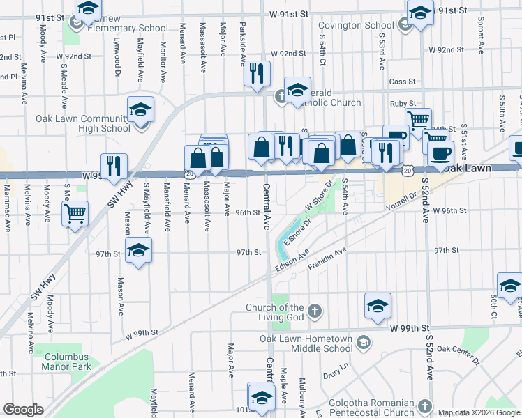 map of restaurants, bars, coffee shops, grocery stores, and more near 9544 Central Avenue in Oak Lawn