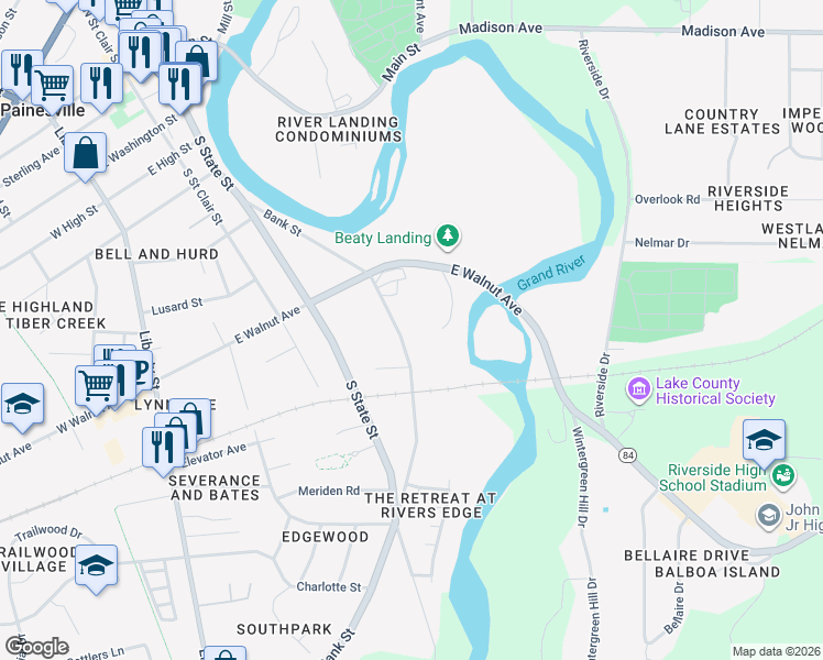 map of restaurants, bars, coffee shops, grocery stores, and more near 491 Bank Street in Painesville
