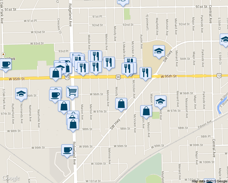 map of restaurants, bars, coffee shops, grocery stores, and more near 9554 Moody Avenue in Oak Lawn