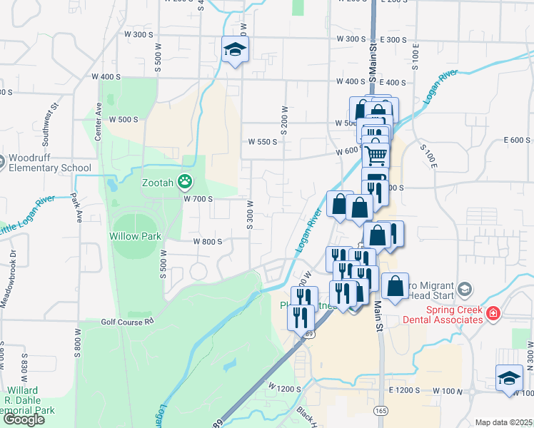 map of restaurants, bars, coffee shops, grocery stores, and more near 266 West 750 South in Logan