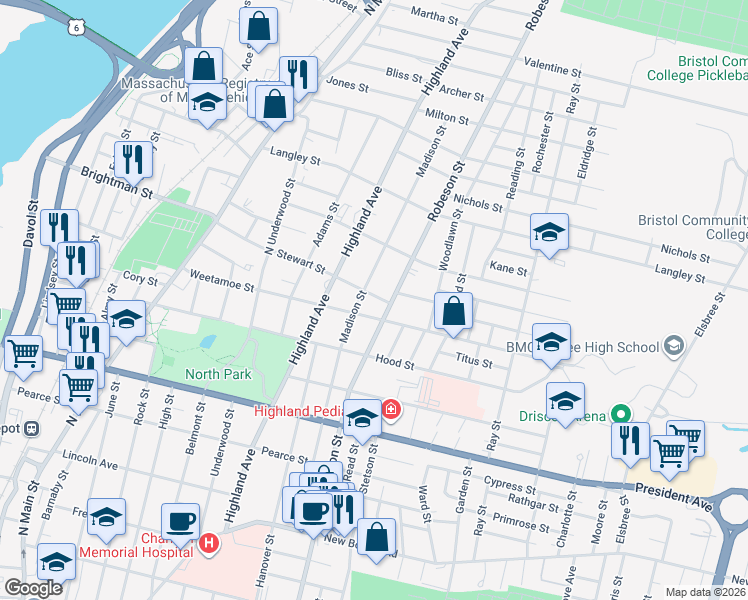 map of restaurants, bars, coffee shops, grocery stores, and more near 1340 Robeson Street in Fall River