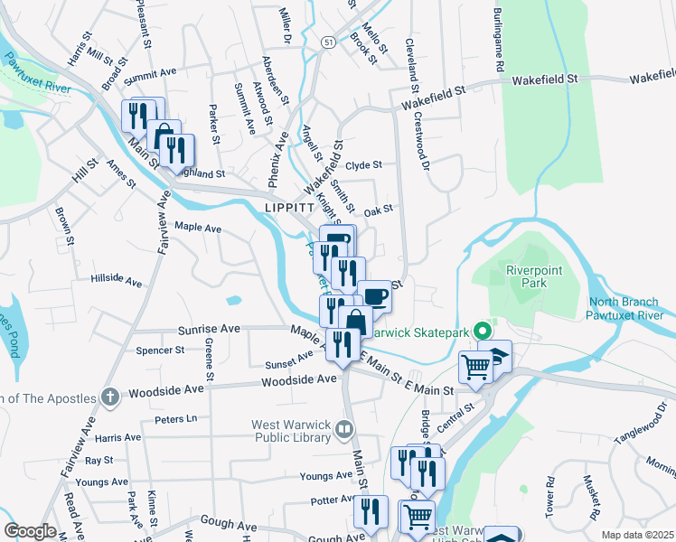 map of restaurants, bars, coffee shops, grocery stores, and more near 919 Main Street in West Warwick