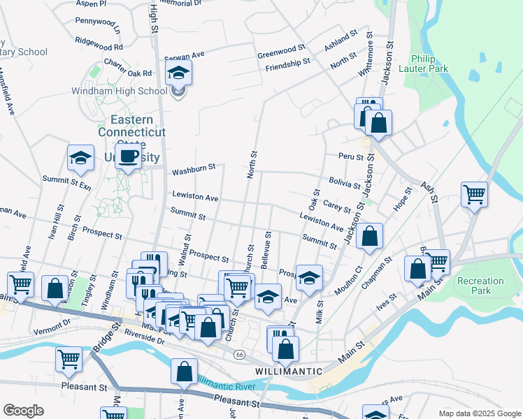 map of restaurants, bars, coffee shops, grocery stores, and more near 249 Church Street in Windham