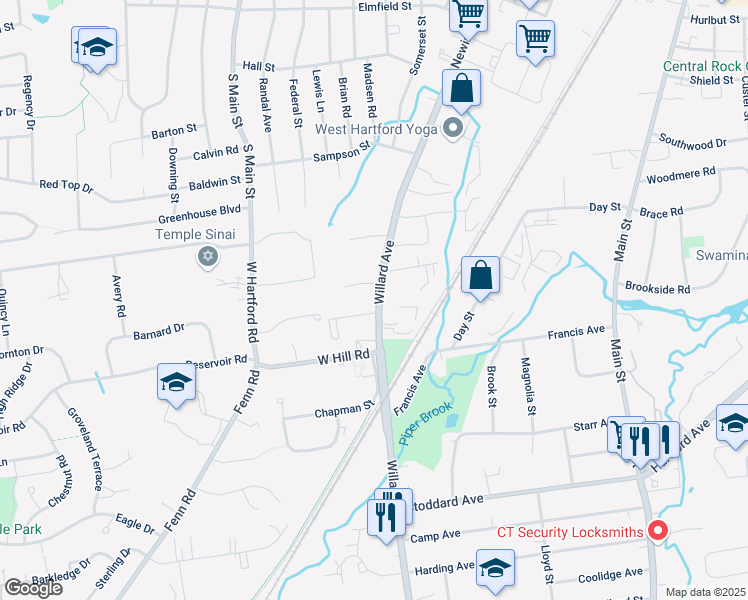 map of restaurants, bars, coffee shops, grocery stores, and more near 22 Surrey Drive in Newington