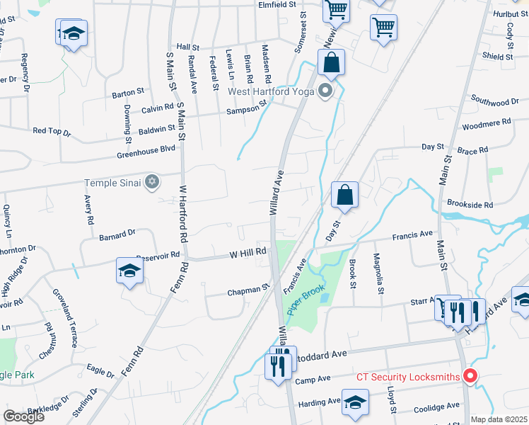 map of restaurants, bars, coffee shops, grocery stores, and more near 22 Surrey Drive in Newington