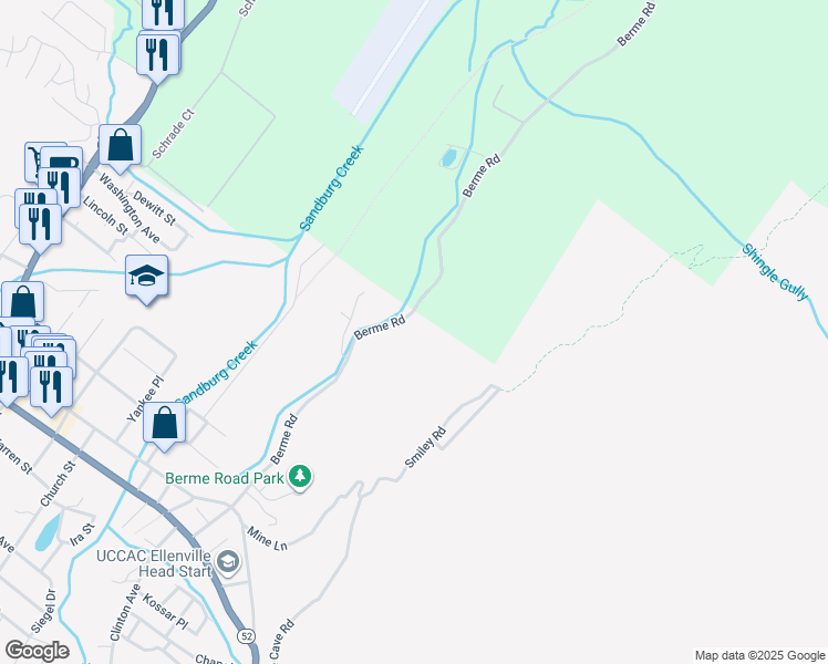 map of restaurants, bars, coffee shops, grocery stores, and more near 140 Berme Road in Ellenville