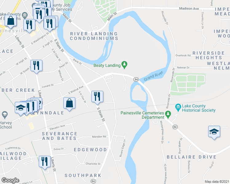 map of restaurants, bars, coffee shops, grocery stores, and more near 491 Bank Street in Painesville